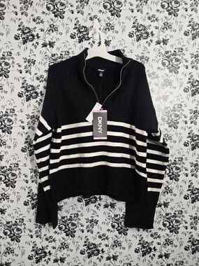 DKNY Black & White Striped Half-Zip Cowl Sweater